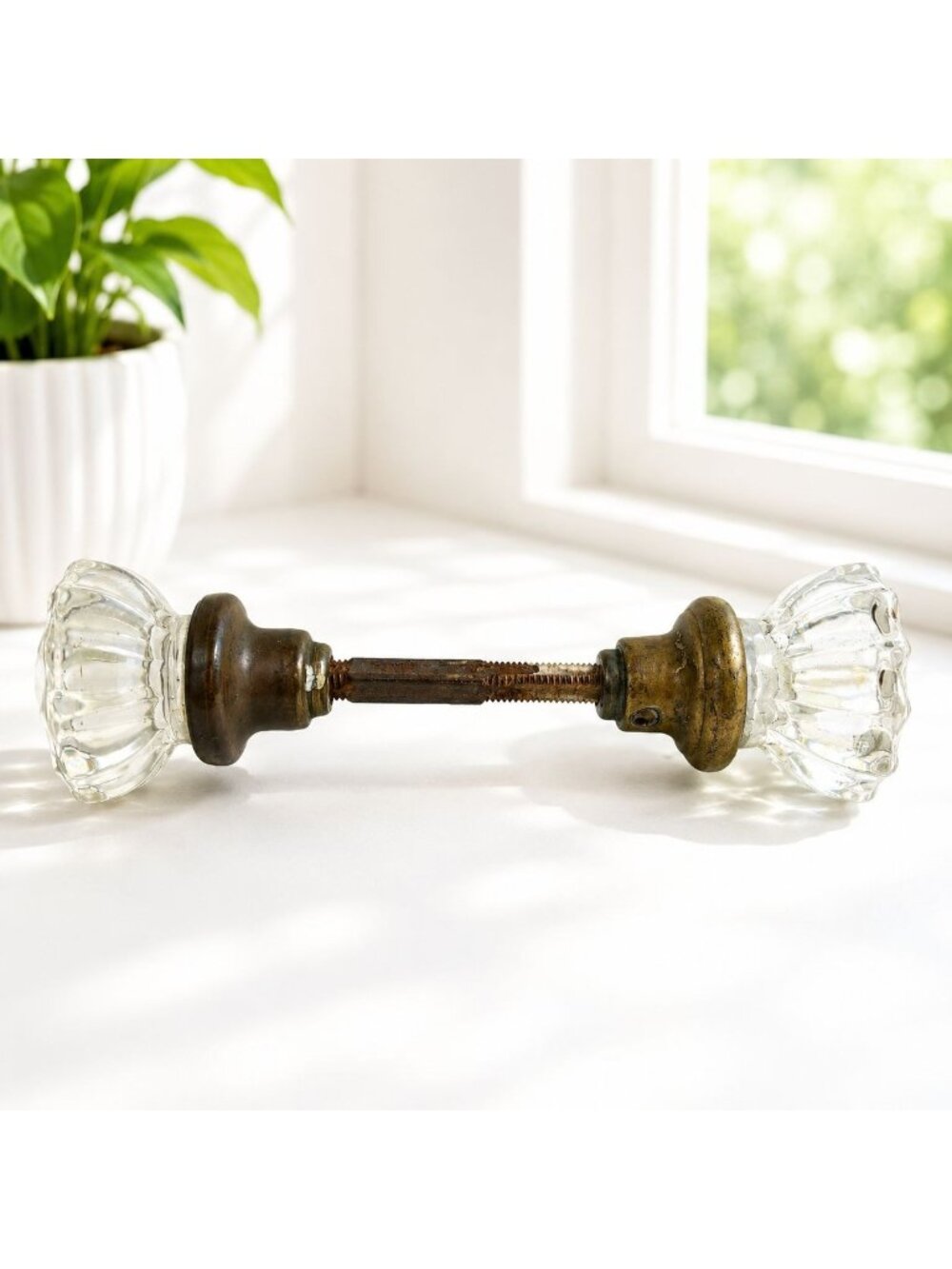 Vintage Glass & Brass Door Knob Set With Spindle Bar 6.5" Length 2" Diameter Rus